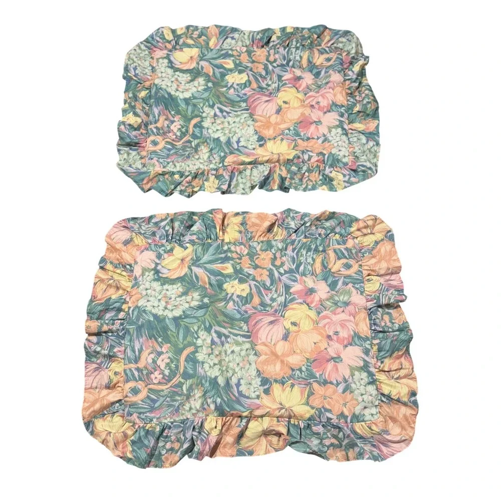 VTG Burlington House‎ Pillow Shams Floral Teal Peach Ruffled Cottagecore 80s 2pc